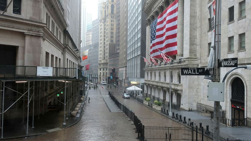 wall street buildings and a flag